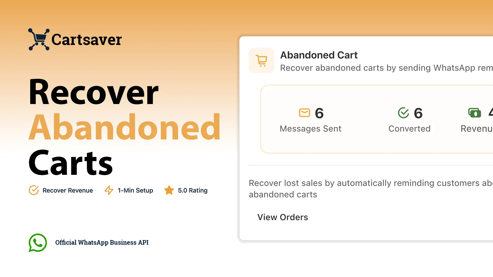 Cartsaver Abandoned Cart recovery dashboard showing messages sent, converted orders, and revenue