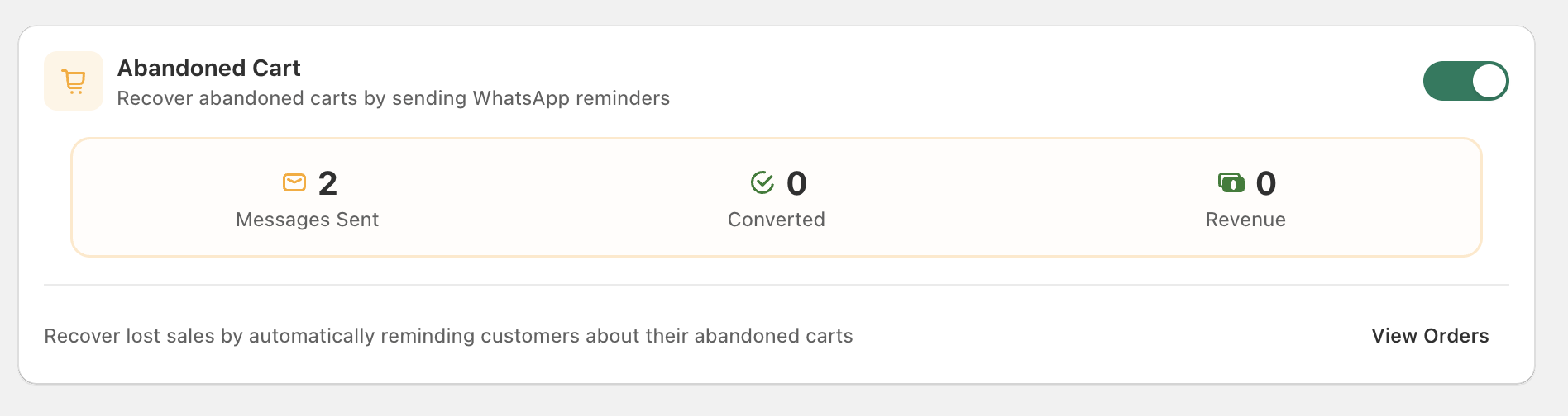 Abandoned Cart panel in the Cartsaver admin with a green master toggle and three counters: Messages Sent, Converted, Revenue.