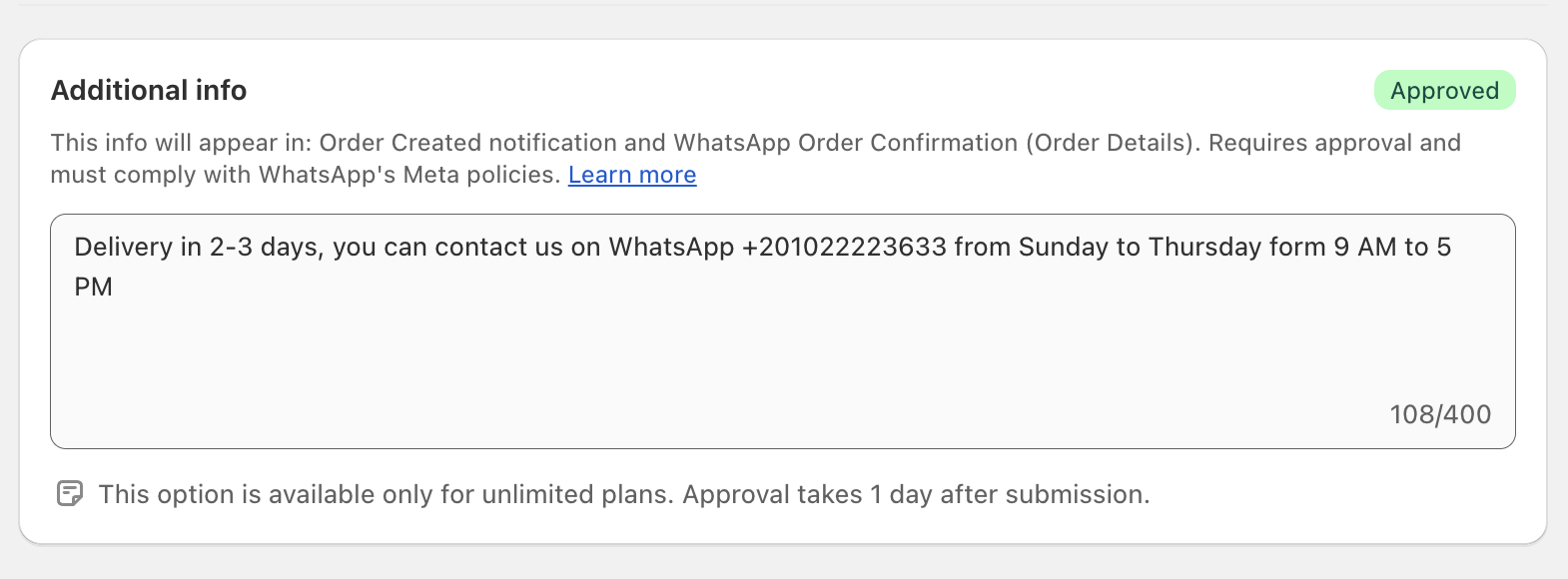 Additional info template in the Cartsaver admin — a 400-character text field marked Approved, with the example text 'Delivery in 2-3 days, you can contact us on WhatsApp +201022223633 from Sunday to Thursday from 9 AM to 5 PM'.