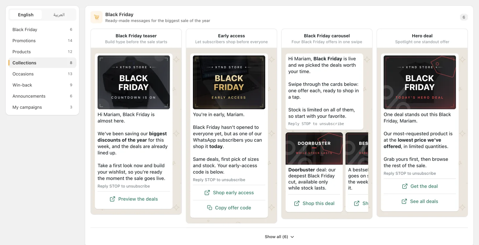 Cartsaver campaign template library with ready-made Black Friday WhatsApp templates