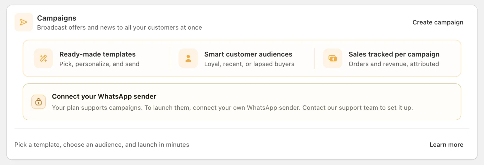 Cartsaver Campaigns card with templates, customer audiences and sales tracked per campaign