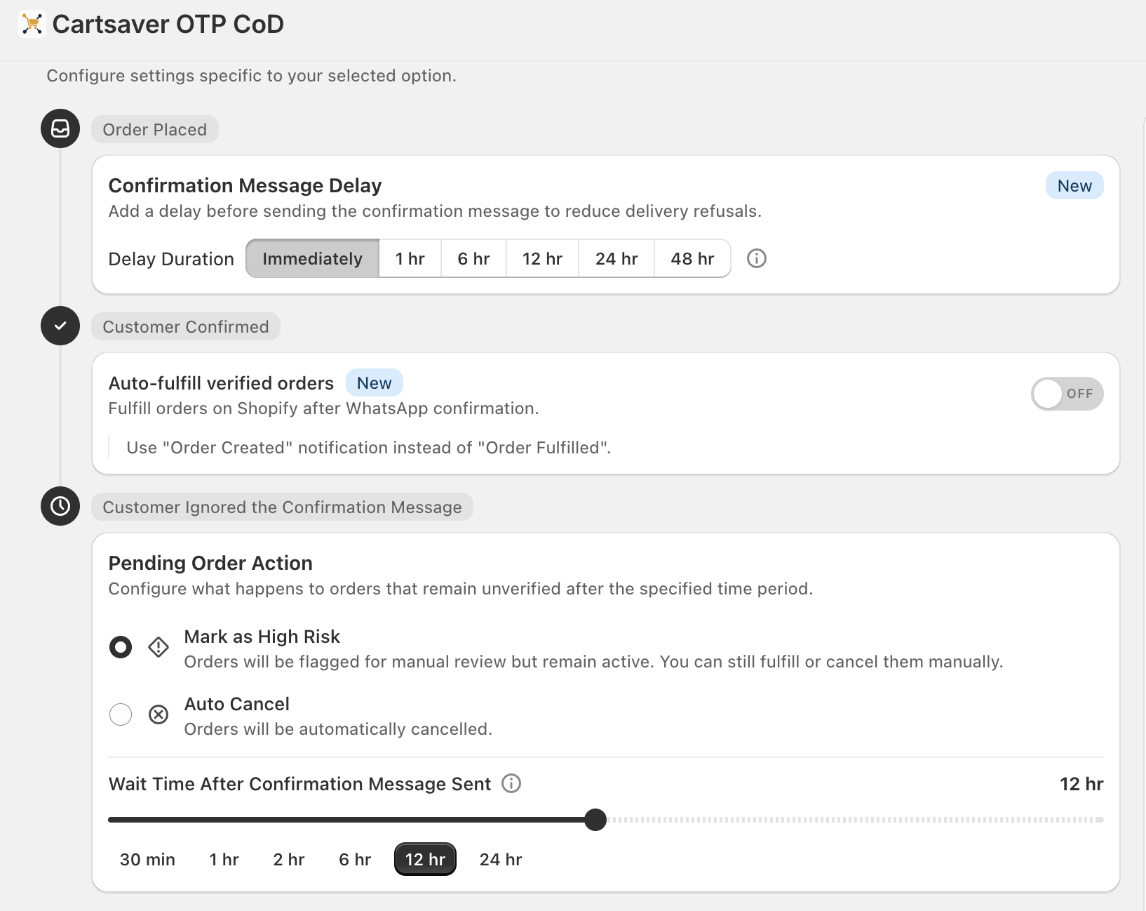 Confirmation Message Delay setting in the Cartsaver admin — selector with Immediately / 1 hr / 6 hr / 12 hr / 24 hr / 48 hr options, plus Auto-fulfill verified orders toggle and the Pending Order Action section.