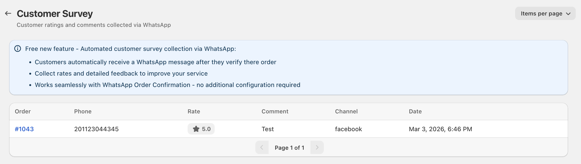 Cartsaver Customer Survey table with a 'Free new feature — Automated customer survey collection via WhatsApp' banner above columns Order, Phone, Rate, Comment, Channel, and Date.