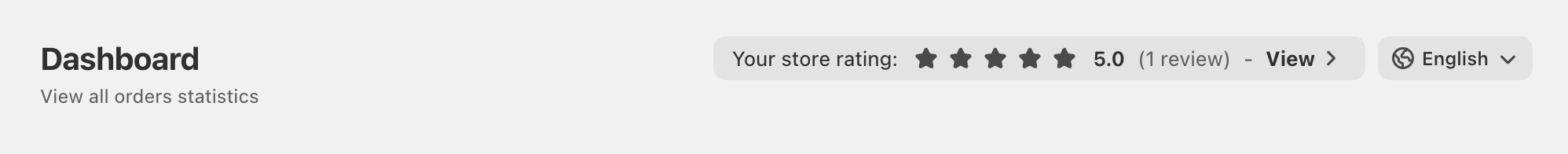 Cartsaver Dashboard header showing a 'Your store rating' chip with five stars, 5.0, 1 review, and a View link to the Customer Survey table.