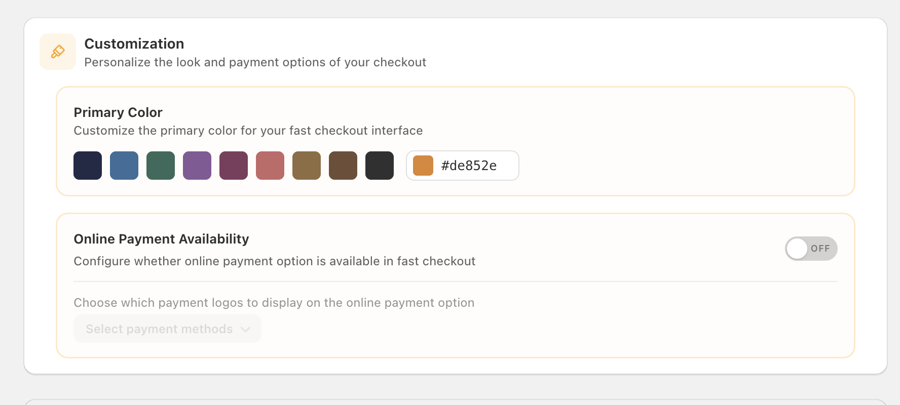 Customization panel in the Cartsaver admin titled 'Personalize the look and payment options of your checkout', containing a Primary Color card with nine preset swatches (navy, blue, teal, purple, maroon, salmon, mustard, brown, near-black) and a hex input set to #de852e, and an Online Payment Availability card with the toggle off, an explainer about configuring whether online payment is available in fast checkout, and a disabled 'Select payment methods' dropdown.