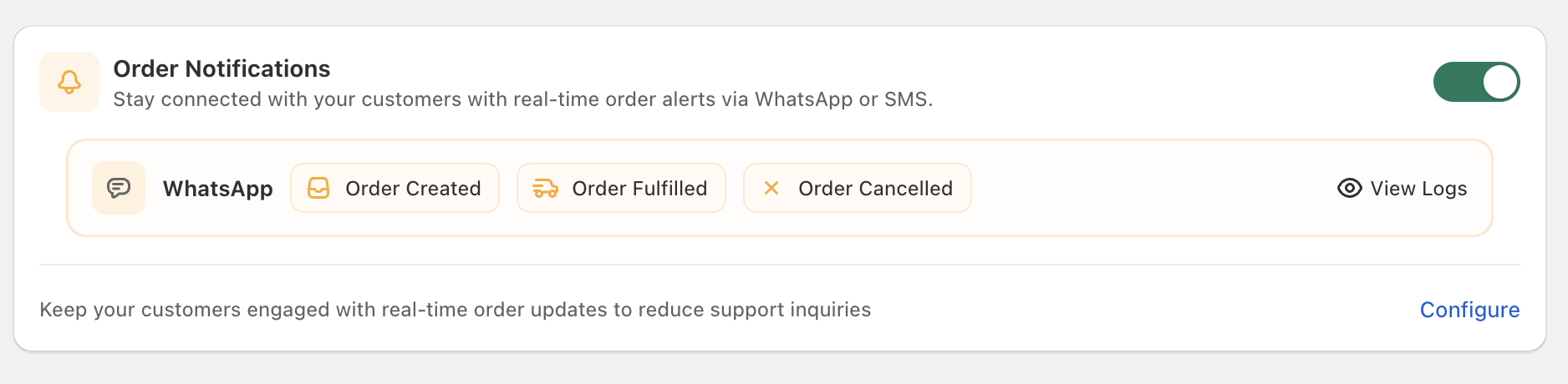 Order Notifications card in the Cartsaver admin reading 'Stay connected with your customers with real-time order alerts via WhatsApp or SMS' with three tags: Order Created, Order Fulfilled, Order Cancelled, plus a View Logs link.