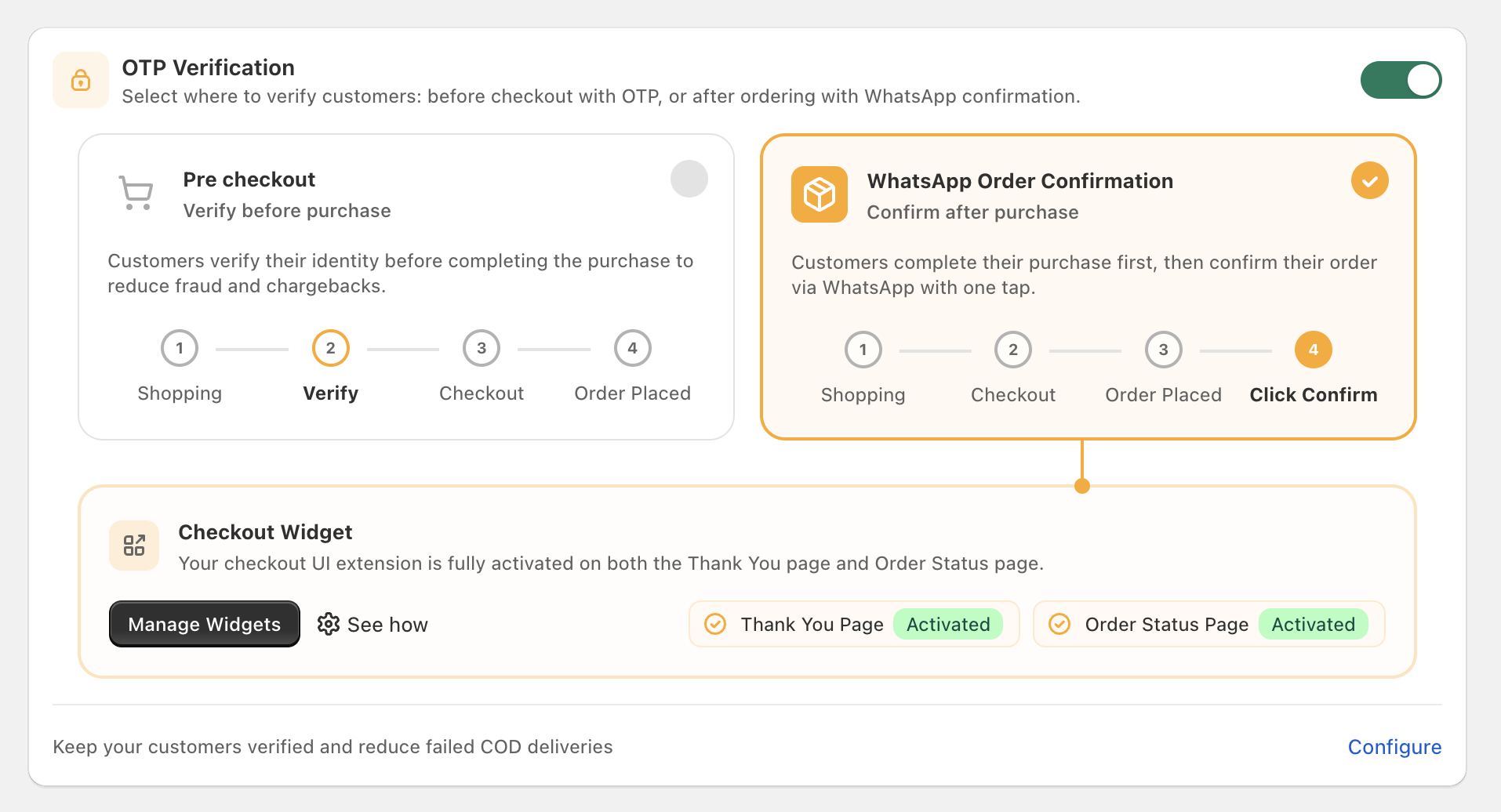 OTP Verification chooser in the Cartsaver admin with WhatsApp Order Confirmation selected. Customers complete their purchase first, then confirm via WhatsApp with one tap.