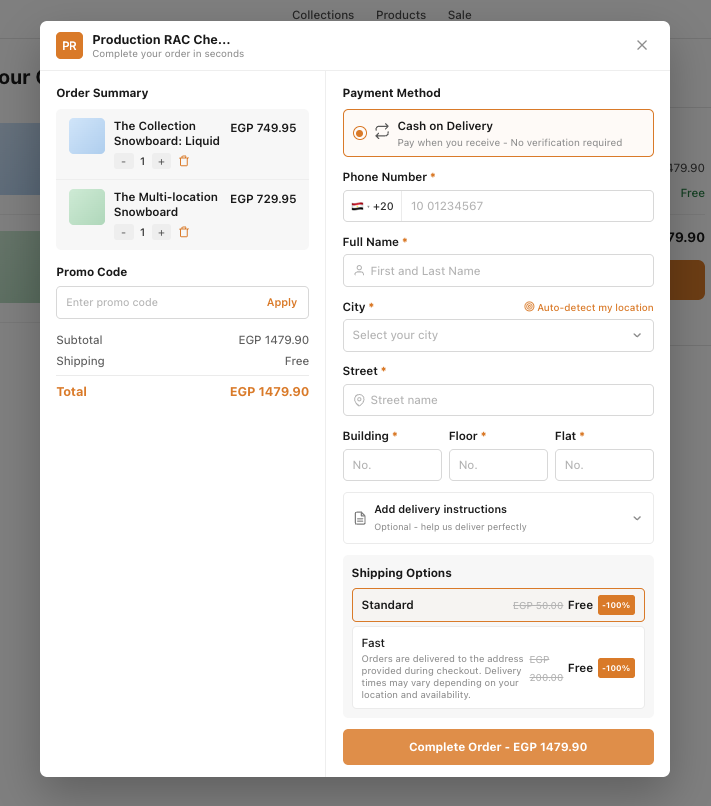 Desktop view of Cartsaver Fast Checkout in a split layout — left column shows the Order Summary with two items priced in EGP, a Promo Code input, and Subtotal / Shipping / Total rows; right column shows Payment Method with Cash on Delivery selected, Phone Number with the +20 Egyptian flag, Full Name, City with an 'Auto-detect my location' link, a 'Select your city' dropdown, Street, Building / Floor / Flat columns, an 'Add delivery instructions' accordion, and a Shipping Options panel with Standard EGP 50→Free (−100%) and Fast EGP 200→Free (−100%) free-shipping badges, ending with a full-width amber 'Complete Order – EGP 1479.90' button.