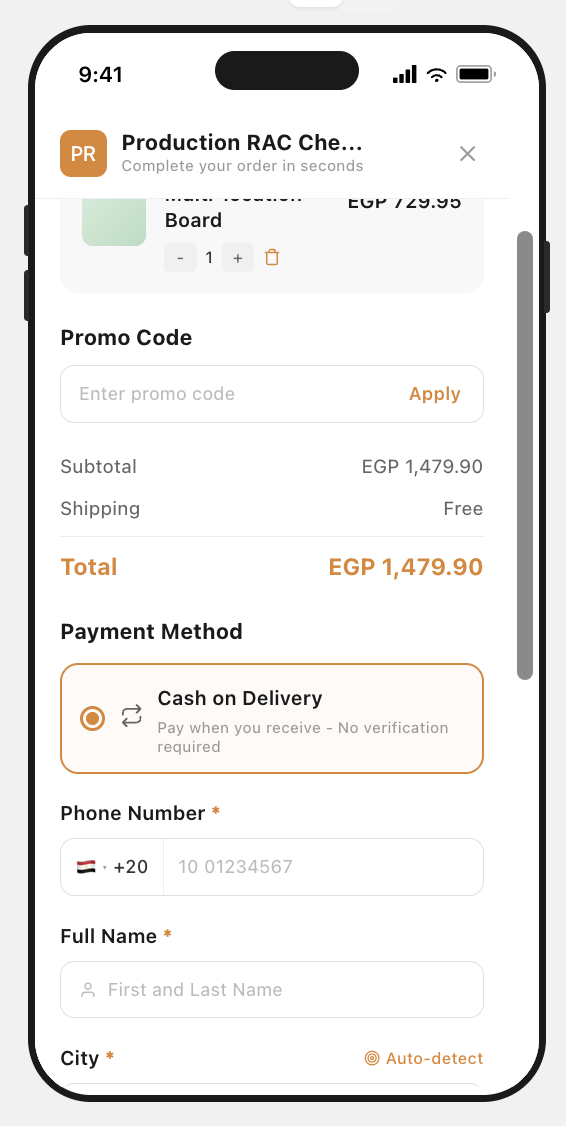 Mobile view of Cartsaver Fast Checkout from a live store, showing the 'Complete your order in seconds' tagline, an order-summary item priced EGP 729.95, a Promo Code input, Subtotal / Shipping / Total rows with the total EGP 1,479.90 highlighted in brand amber, a Payment Method section with Cash on Delivery selected and 'Pay when you receive – No verification required' copy, a Phone Number field with the Egyptian +20 country flag, a Full Name field, and a City field with an amber Auto-detect link.
