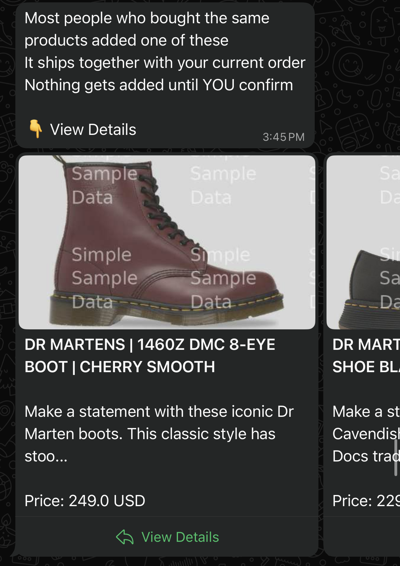 WhatsApp cross-sell message from a Cartsaver-powered store: 'Most people who bought the same products added one of these. It ships together with your current order. Nothing gets added until YOU confirm.' followed by a 'View Details' link, then a product carousel showing Dr Martens 1460Z DMC 8-Eye Boot Cherry Smooth priced at 249.00 USD with a View Details button, and another Dr Martens shoe partially visible to the right.