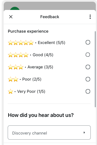WhatsApp Flow modal asking 'How was your purchase experience?' with five rating options (Excellent, Good, Average, Poor, Very Poor) and a 'How did you hear about us?' dropdown listing Facebook, Instagram, TikTok, and other channels.