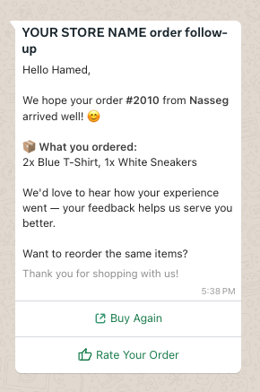 WhatsApp order follow-up from a Cartsaver-powered store addressed to Hamed about order #2010 from Nasseg, listing the ordered items (2x Blue T-Shirt, 1x White Sneakers) and offering two buttons at the bottom: Buy Again and Rate Your Order.