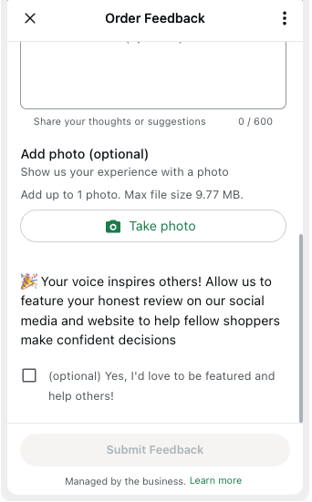 WhatsApp Flow second screen showing a 600-character comment textarea, an Add Photo (optional) section with a Take Photo button and a max file size note, and a publish-consent prompt with an optional 'Yes, I'd love to be featured and help others!' checkbox.