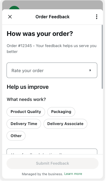 WhatsApp Flow modal titled 'How was your order?' for order #12345, with a star-rating dropdown and a 'What needs work?' multi-select tag list showing Product Quality, Packaging, Delivery Time, Delivery Associate, and Other.